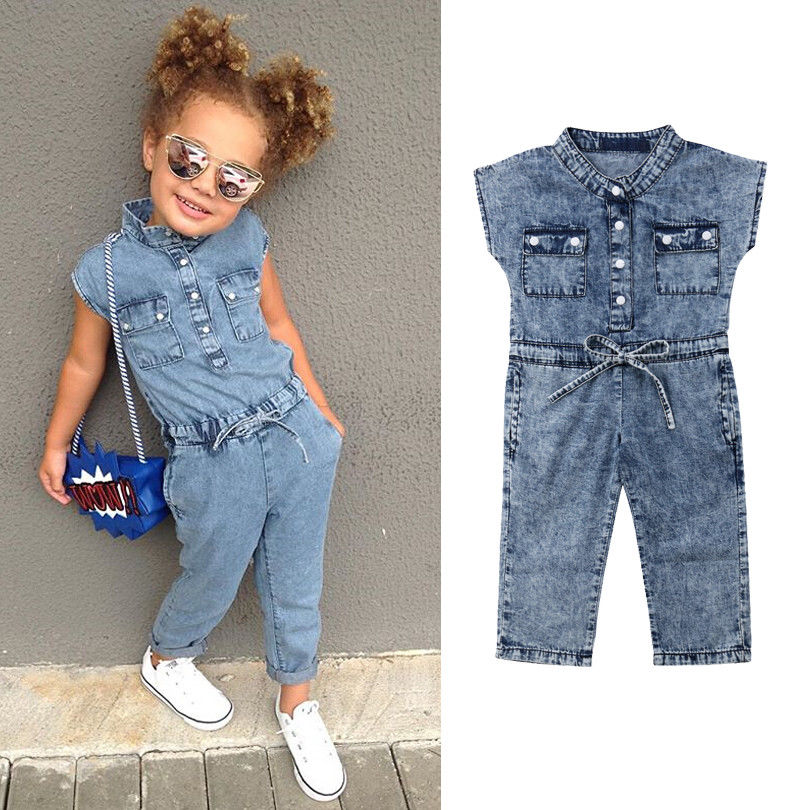 Newly Summer Toddler Baby Girls Fashion Casual Jumpsuits Denim Blue Short Sleeve Single Breasted Elastic Waist Belt Romper 1-6Y