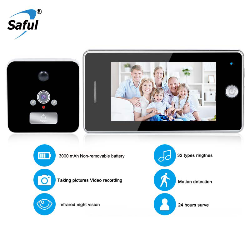 Saful 4.3 Inch LCD Color Screen 3000mAh Smart Door Camera Motion Detect Video Recording Door Peephole Viewer Camera Video-eye