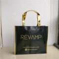 Manufacture 500pcs/lot promotional non woven fashion shopping bag with gold logo metallic black laser lamination tot bag