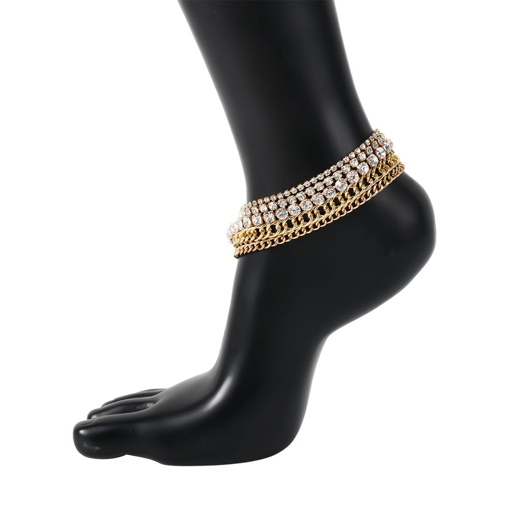 Salircon 5pcs Luxury Clear Rhinestone Anklet Bracelet Set Fashion Cuban Chain Tennis Crystal Anklet Women Beach Jewelry Gift