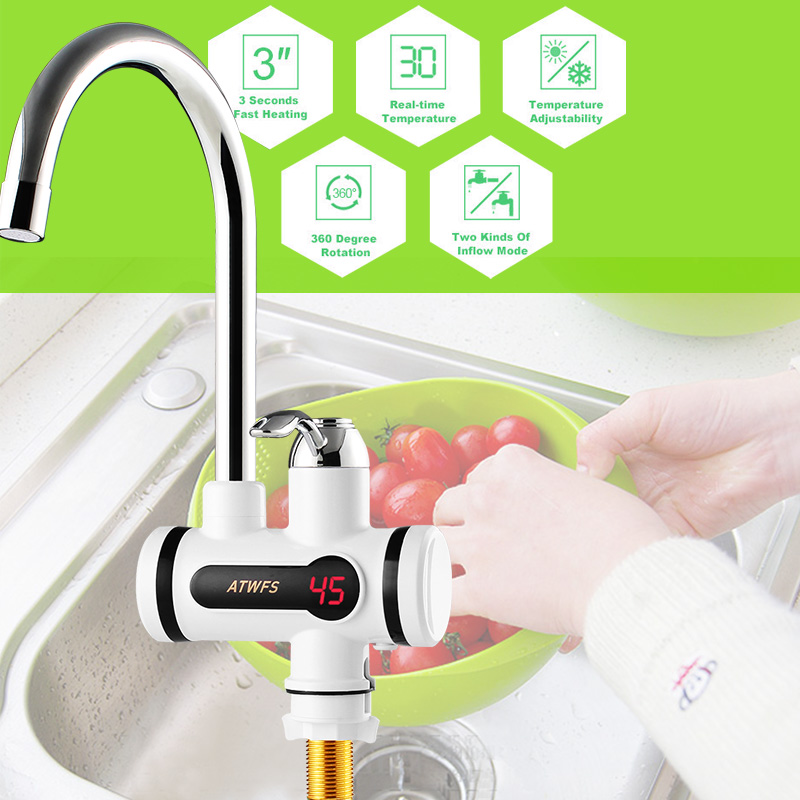 Electric Hot Faucet Water Heater Electric Tankless Water Heating Kitchen Faucet Digital Display Instant Water Tap 3000 W