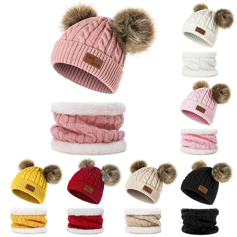 2 Pcs children Hat Scarf Set winter Warm Baby hat Knitted Hat Boy Girl Hats Scarf Winter Plus velvet thick Beanie hat 0-3 Years