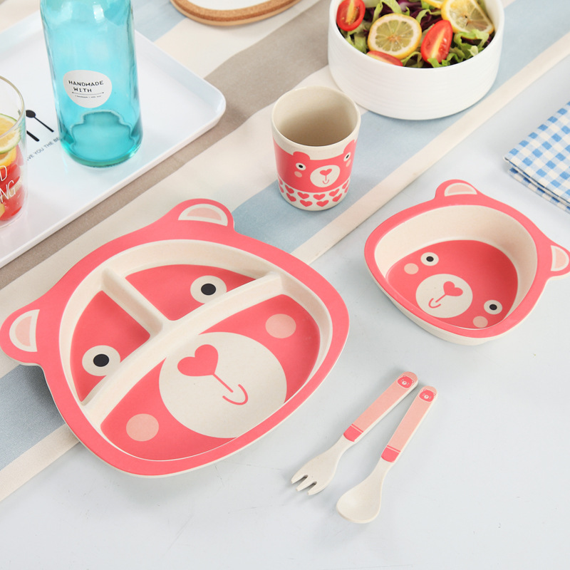 5pcs/set Baby Dish Training Tableware Children Cute Cartoon Feeding Food Dishes Kids Dinnerware with Bowl Cup Spoon Fork Plate