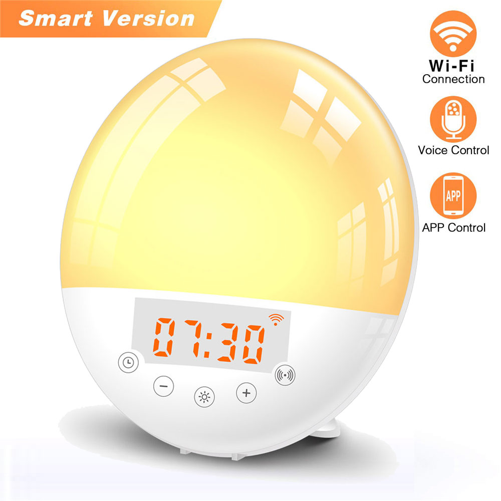 Smart WiFi Wake-Up Digital Alarm Clock Colorful Night Light Table Lamp with FM Radio Snooze Function Phone APP Voice Control