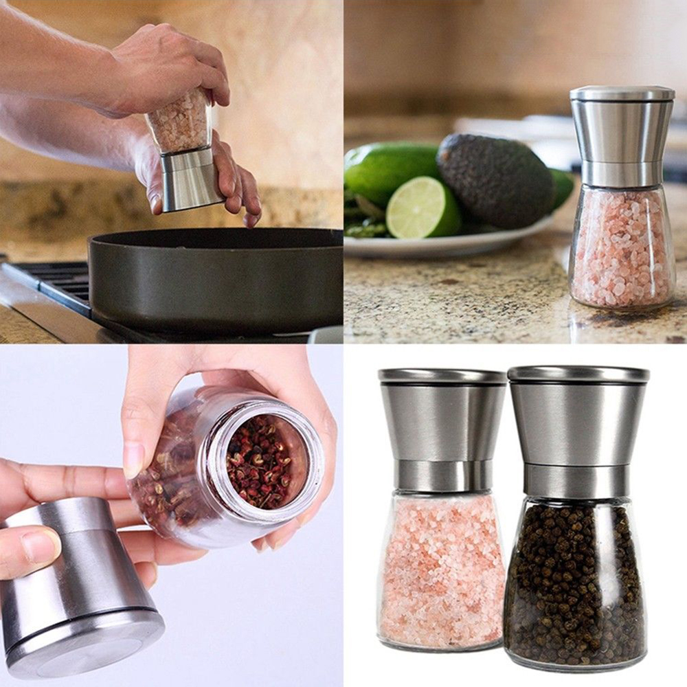 2pcs Stainless Steel Pepper & Salt Grinders Muller Adjustable Ceramic Manual Herb Mills Spice Seasoning Choppers Glass Body