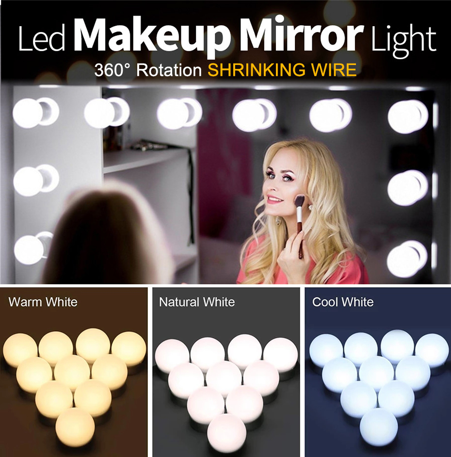 3 Color Modes LED Make-up Mirror Lighs Touch Dimming Vanity Dressing Table Lamp Bulb USB 12V Hollywood Make Up Mirror Wall Lamp
