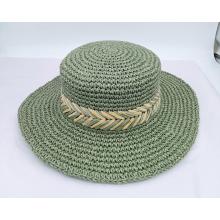 Crochet flat top paper straw hat for women