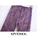 KPYTOMOA Women 2020 Chic Fashion Printed Flared Pants Vintage Back Elastic Pockets Zipper Fly Female Ankle Trousers Mujer