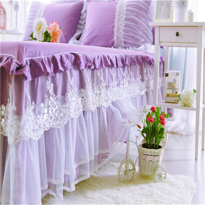 Princess Style Lace Multi-Layer Ruffled Bedding Bed Skirt Twin Full Queen King Coverlet Romantic purple Bed Skirt pillowcase set