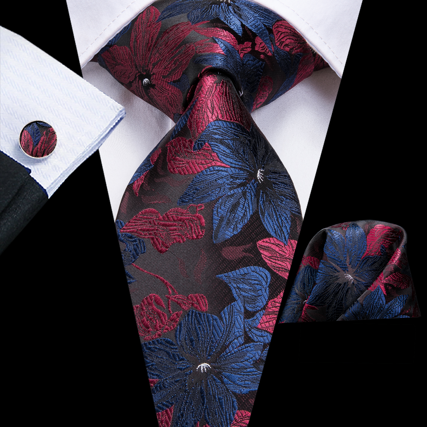 Hi-Tie Luxury Floral Paisley Ties for Men Male Desigenr Red Green Snow Ties for Christmas Adult Silk Tie Hanky Cufflinks Tie Set