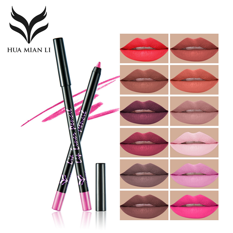 HUAMIANLI Brand 12 Colors Lip Liner Pencil Makeup Set Matte Smooth Waterproof Pigmented Nude Lipliner Pen Cosmetics Lipstick Kit