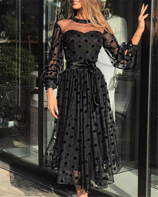 New Elegant Women Long Sleeves Polka Dot Print Mesh Sheer Party Evening Club Dress Lady Autumn Fashion Black Long Dress