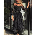New Elegant Women Long Sleeves Polka Dot Print Mesh Sheer Party Evening Club Dress Lady Autumn Fashion Black Long Dress