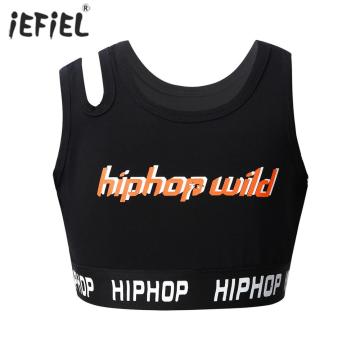 Fashion Girls Letter Print Tank Tops Asymmetrical Shoulder Strap Crop Top for Girl Hip Hop Dance Stage Performance Kids Clothes