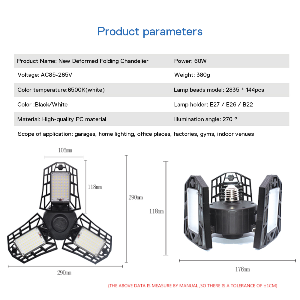 60W E27 Super Bright Three Leaf LED Garage Light 6000LM Deformation AC85-265V Outdoor Industrial Lighting For Warehouse Workshop