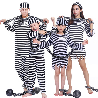 CarnivalHalloween Prisoner Costume for Men Women Kids Child boy girl Violent Striped lovers prisoner clothes Male prison uniform