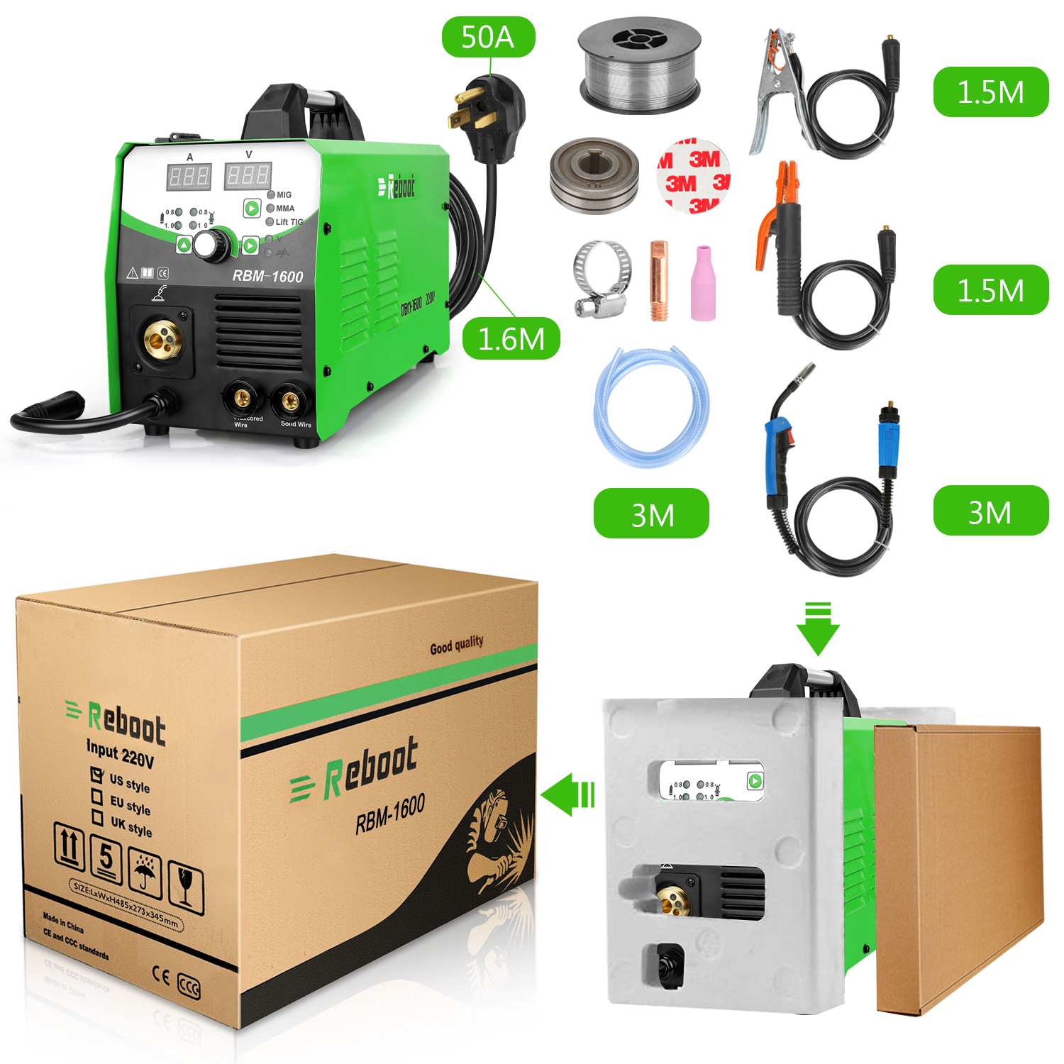 REBOOT MIG Welder MIG160 AC220V 1KG/5KG Gas/Gasless MIG/Stick/Lift TIG Welder 4 in 1 Flux Core MIG Inverter Welding Machine