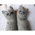 Crochet Fingerless Mittens Gloves Grey Tweed Cat