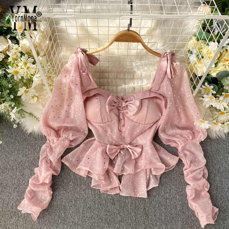 YornMona Ins Fashion Vintage Gothic Blouse Shirt New Bow Design Shining Pink Long Puff Sleeve Ruffle Blouse Ladies Crop Tops