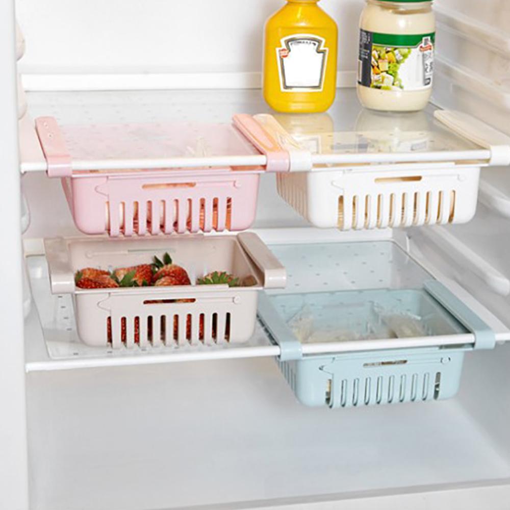 Adjustable Kitchen Storage Rack Multifunctional Refrigerator Freezer Shelf Holder Pull-Out Drawer Organizer Space Saver