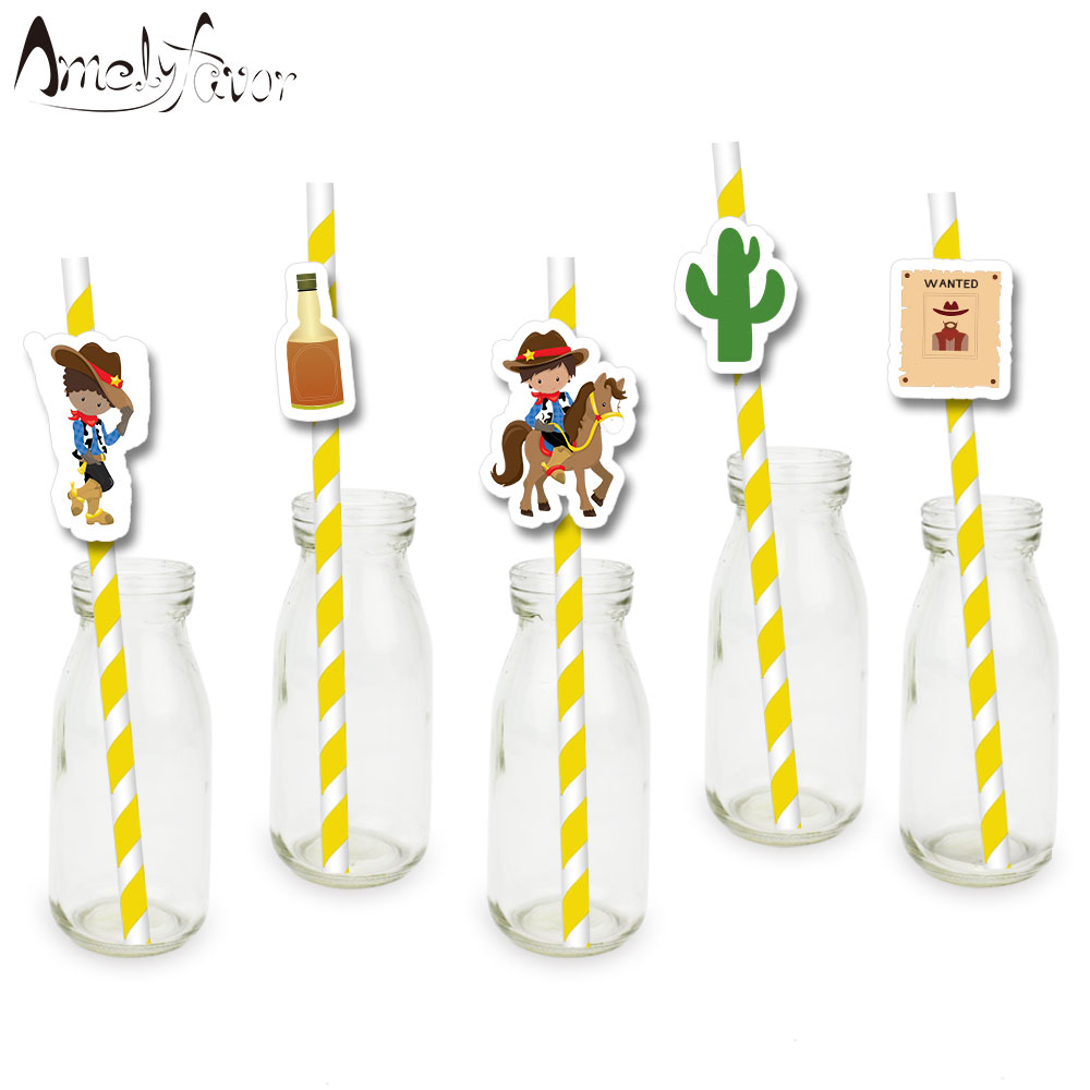 Cowboy Theme Straw Western Cowboy Paper Straws Birthday Party Holiday Decorations Baby Shower Event Party Supplies 20PCS