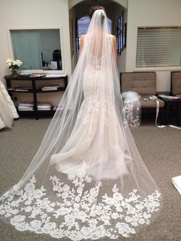 Best Selling Cheapest In Stock Long Bridal Veil Appliques 2019 Veu De Noiva Longo Wedding Veil Lace Purfle