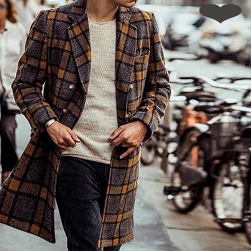 Dropshipping Men Long Woollen Wind Coat Casual Double Breasted Mens Wool Overcoat Winter 2020 Houndstooth Jacket Men Trench Coat