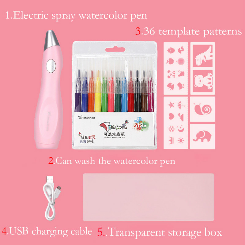 Tenwin Art Electric Spray Pen Airbrush Set Color Inkjet Painting Brush Washable Spray Painting Hand Drawn Multi-function
