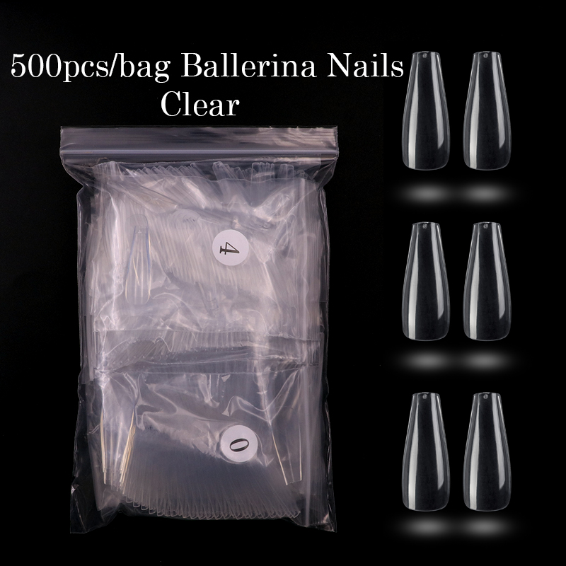 100pcs/500pcs opp Fake Nail Artificial Press on Long Ballerina Clear/Natural/white False Coffin Nails Art Tips Full Cover