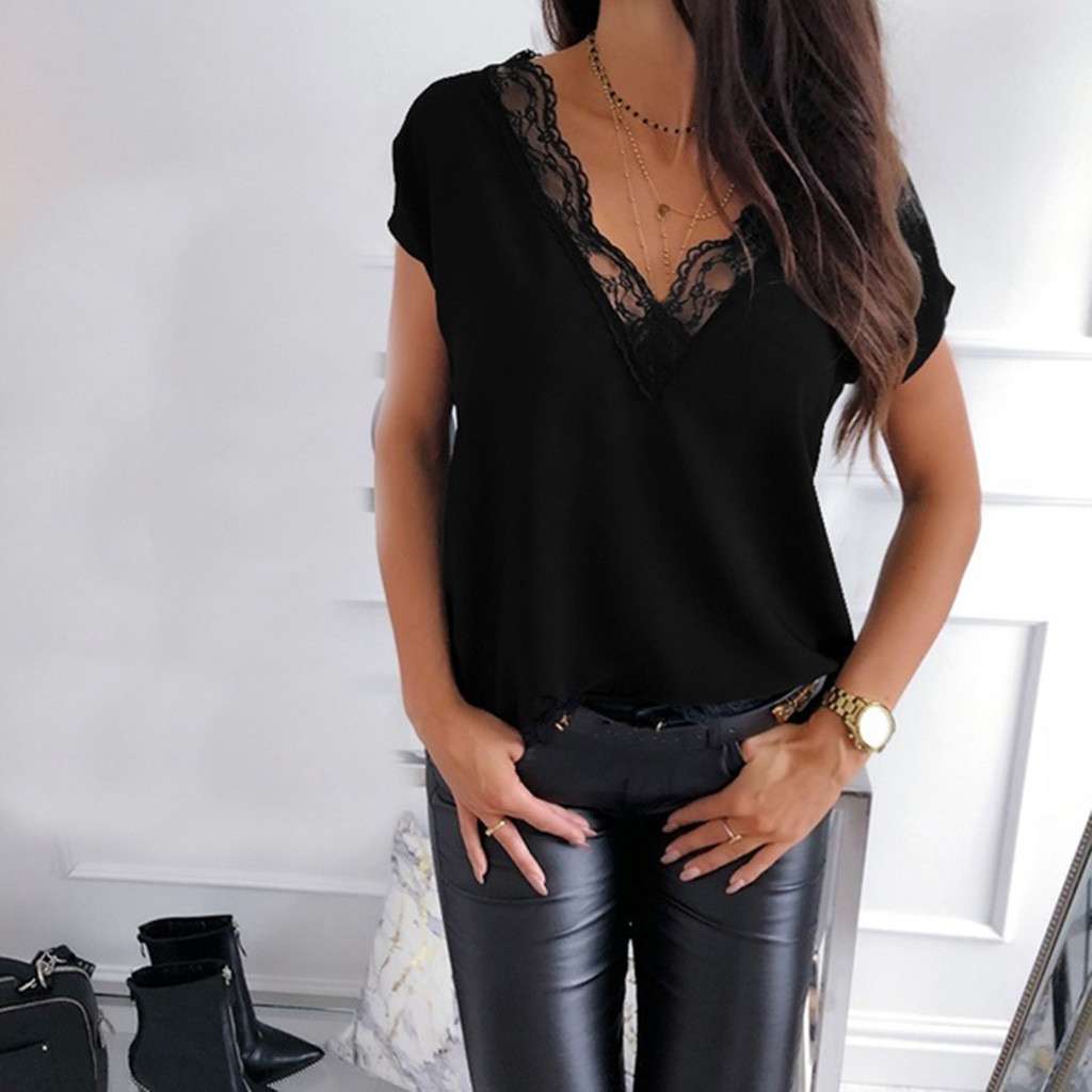 Feitong Blouse Women Casual Elegant Solid Lace V-Neck Short Sleeve Loose Office Lady Women Tops Blouse Shirt Tee рубашка женская