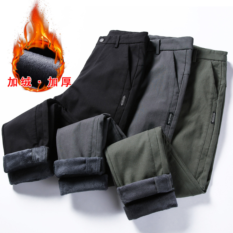 2019 New Mens Winter Thick Fleece Fluff Pants Men Korean Casual Slacks Slim Warm Pants for Men Black Green Grey Trousers Male