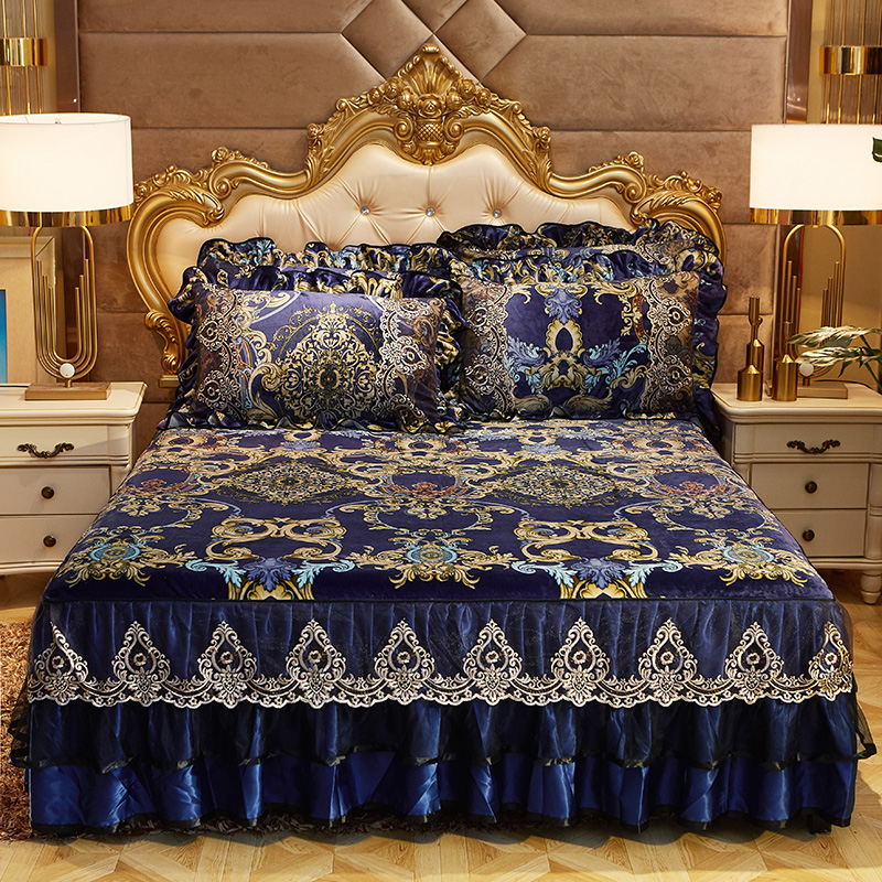 Luxury Blue Pink Purple European Printing Soft Flannel Fleece Velvet Lace Bed Skirt Bed Sheet Bed Cover Pillowcases Bedding Set