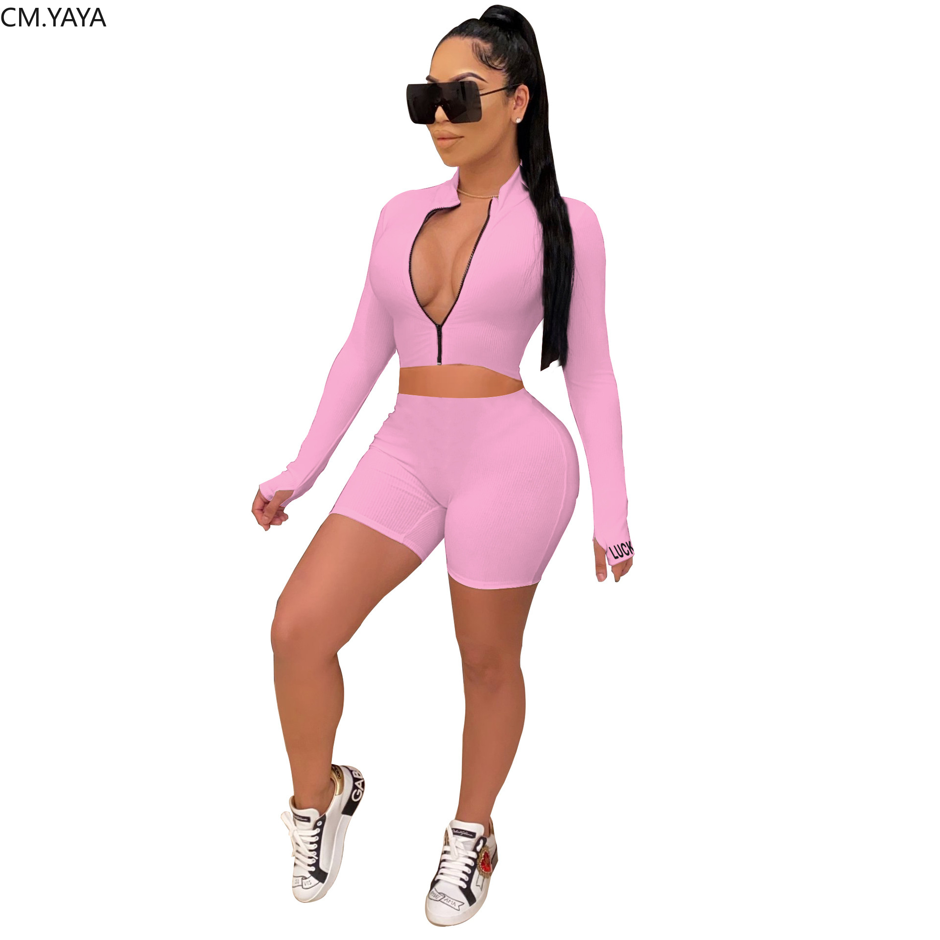 CM.YAYA Sportwear Knitted Ribbed Lucky Embroidery Long Sleeve Zipper Women's Set Tops Shorts Pants Suit Tracksuit Matching Set