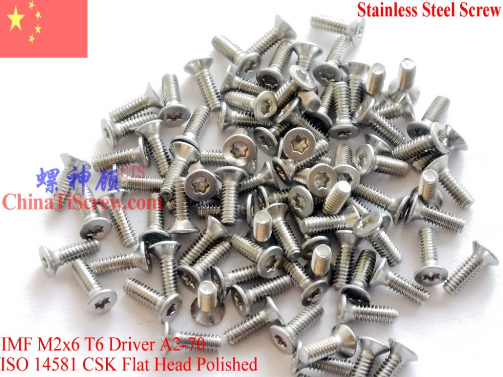 Stainless Steel Screws M2x6 ISO 14581 Flat Head Torx T6 Drive A2-70 Polished ROHS 100 pcs