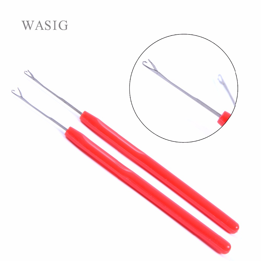 12 pcs Red color plastic handle hook needle threader loop pulling needle for micro hair extensions tools