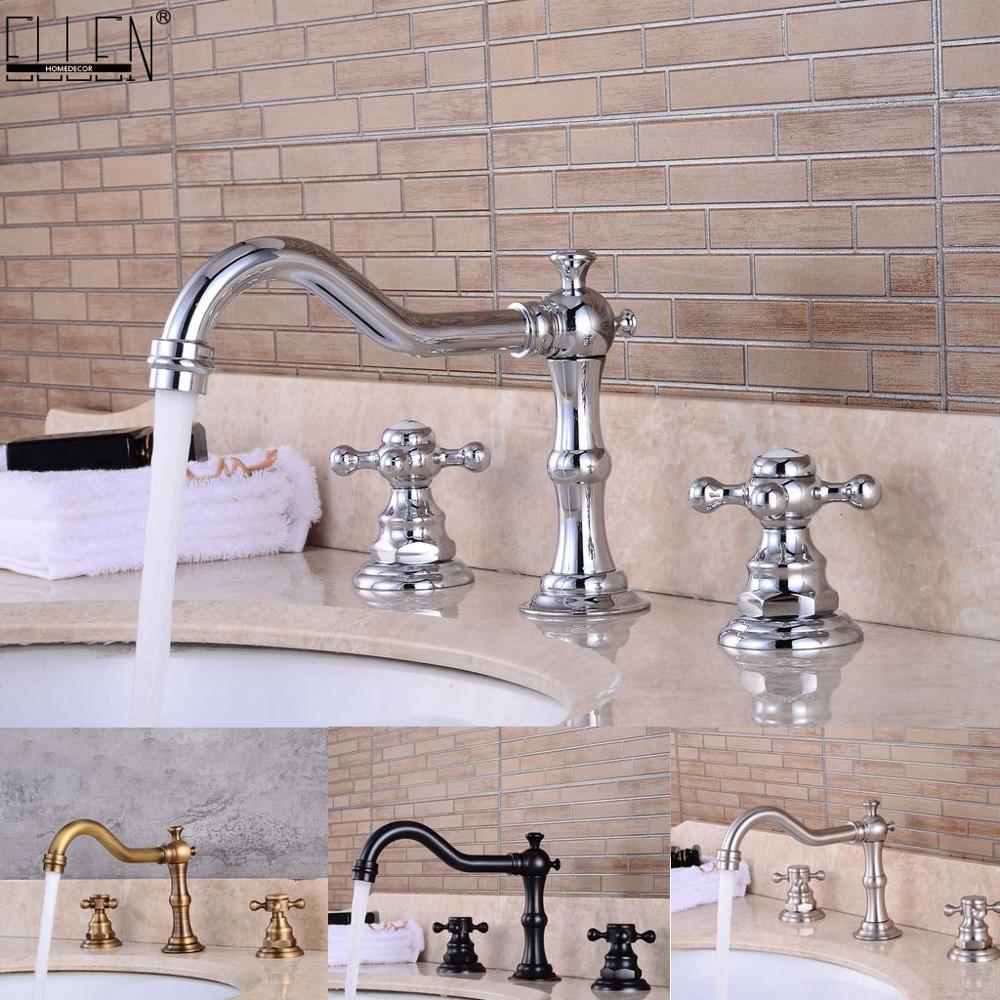 Widespread Bathroom Sink Faucet 3 Hole Deck Mounted Dual Handle Hot Cold Water Mixer Tap Brush Nickel Chrome Finished EL8001-1