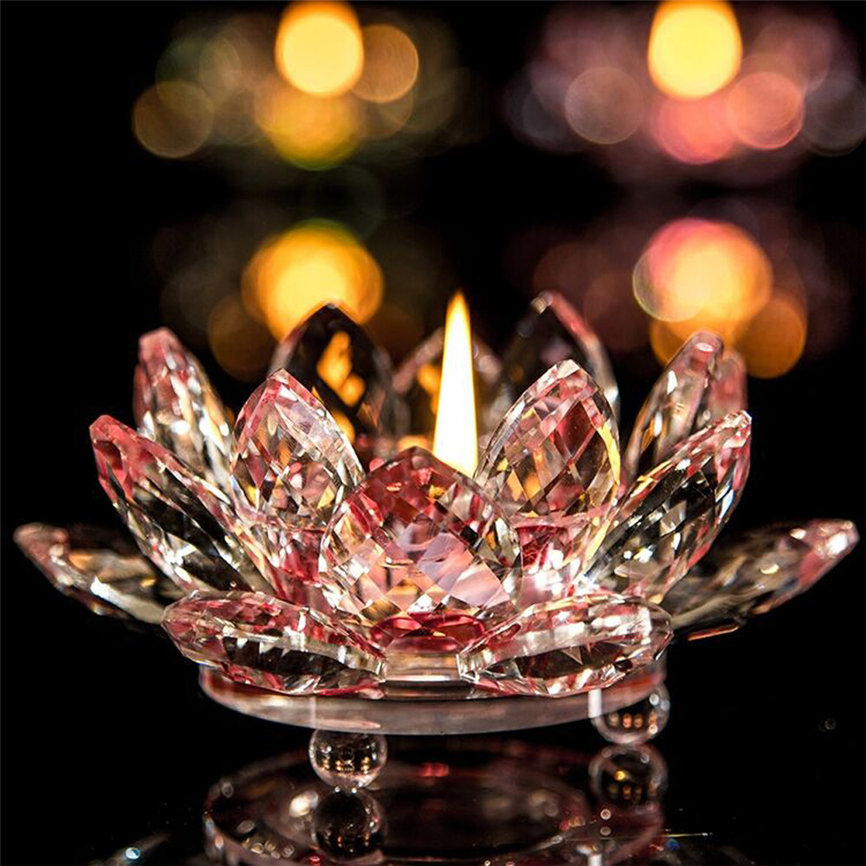 7 Colors Crystal Glass Lotus Flower Candle Tea Light Holder Buddhist Candlestick Party&Wedding& Birthday Friend As Gift 1206