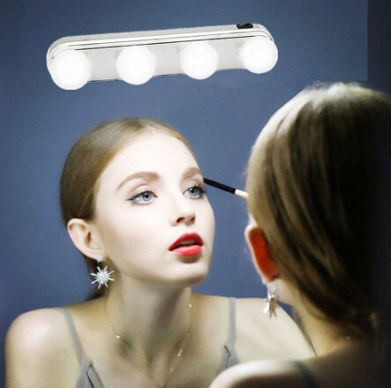 4 Bulb Led Makeup Mirror Light Suction Cup Installation Dressing Table Vanity Light Bathroom Wall Lamp Battery Powered