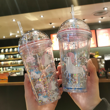 450ml Cartoon Unicorn Water Bottles Creative Double Plastic Straw Ice Cups Outdoor Travel Portable Drinkware Girls Drinking Cup