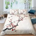 Winter Plum Blossom Flowers Comforter Sets Twin White Base Small Birds Duvet Cover Teens Youngs Red Flowers