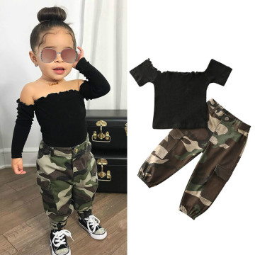 FOCUSNORM 5 Style 1-6Y Fashion Infant Baby Girls Clothes Sets Off Shoulder T Shirts Tops+Camouflage Pants 2pcs