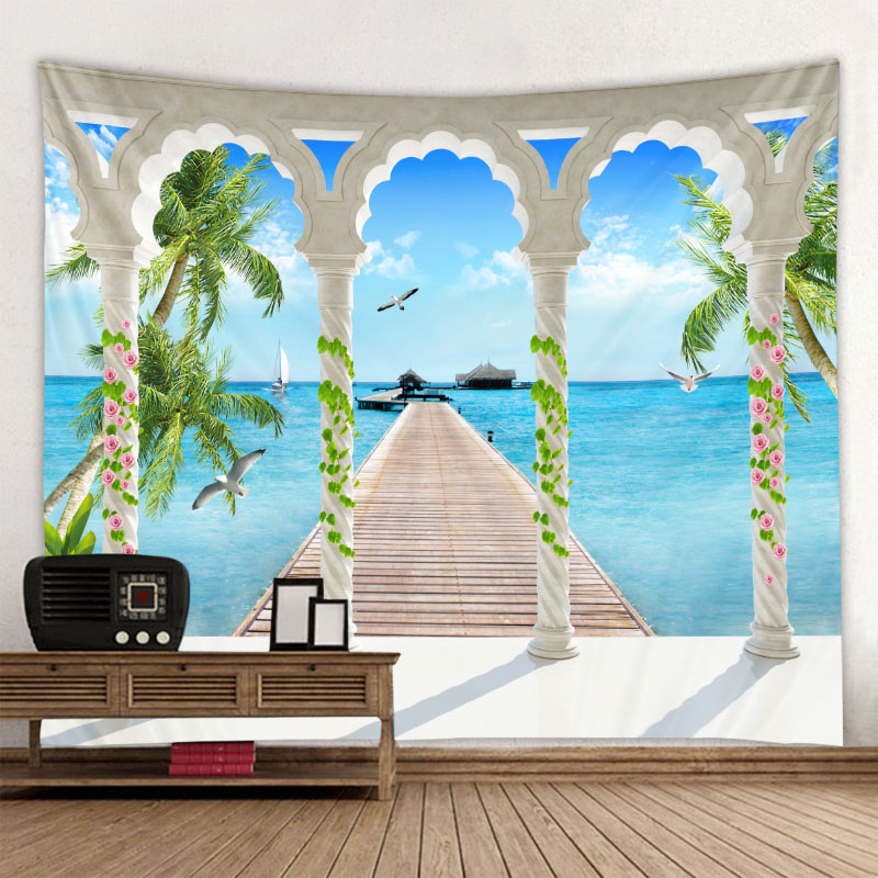 The beautiful scenery outside the balcony window background decoration cloth digital printing tapestry factory direct sales can