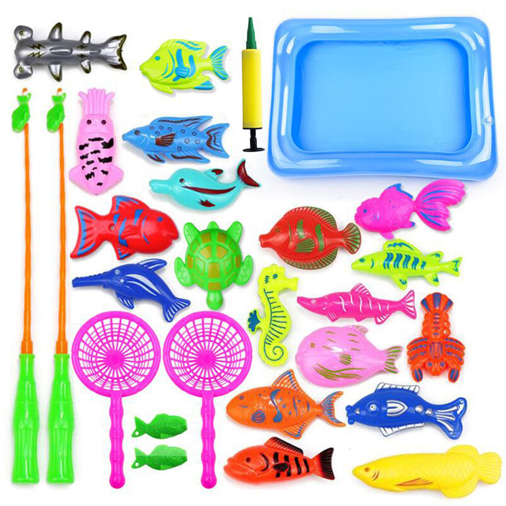 Kids Fishing Toy with Inflatable Pool Net Fishing Rod Magnetic Fishing Game Set Funny Classic Outdoor Toys for Children Gift