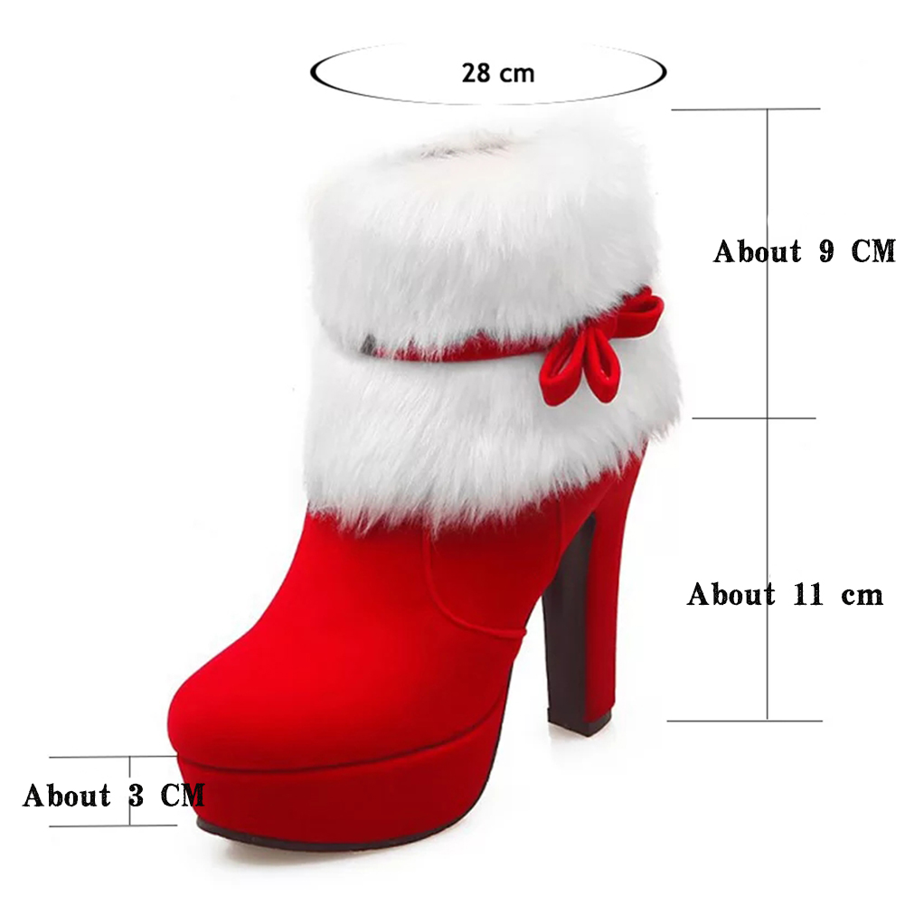 Big Size 34-43 Winter Female Ankle Snowboots High Heels Christmas Warm Short Plush Red Boots Women Bowtie Zipper Shoes Woman