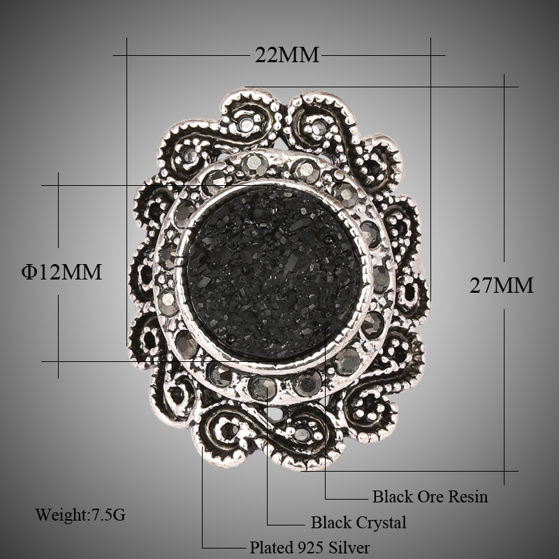 Hot Fashion Flower Silver Plated Rings For Women Vintage Black Ore Resin Crystal Gothic Ring Bohemian Jewelry Gift Free Shipping