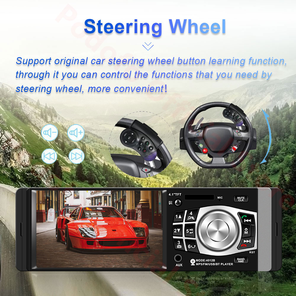 Podofo 1 Din Car radio Auto 4.1'' HD Car Multimedia Player MP3 MP5 Audio Stereo Radio Bluetooth FM Remote Control Video Player