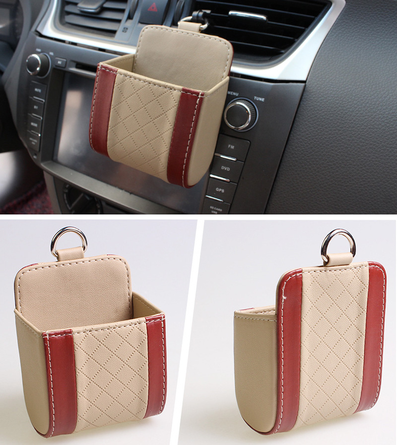 JEAZEA Fashion Mini PU Leather Car Storage Air Vent Outlet Hanging Bag Pocket Cell Phone Key Phone Holder Case Organizer Boxes