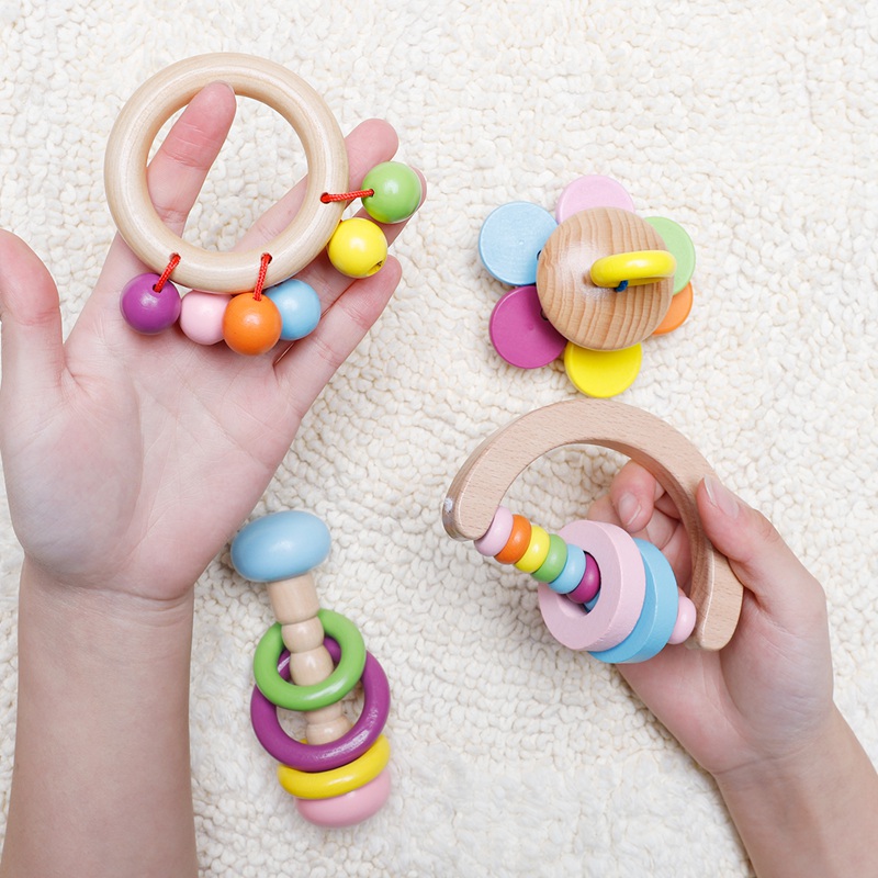 1PC Wooden Baby Rattles Toys Hand Teething Wooden Ring Musical Educational Instrument Colorful Toddlers Rattle Children Gift Toy