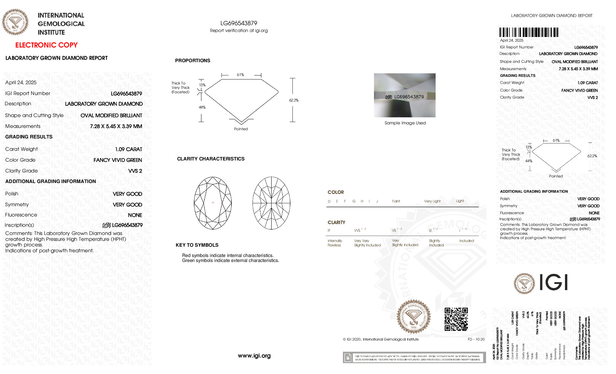 IGI report LG696543879 for a 1.09 carat Fancy Vivid Green VVS2 oval lab grown diamond