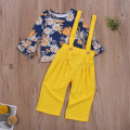 Infant Baby Girl Long-sleeved Trousers Suit Floral T-shirt and Suspender Pants, Ruffles T-shirt and Floral Trumpet Pants 6M-4T